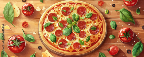Gourmet pizza topped with fresh ingredients and melted cheese. Vector flat minimalistic isolated illustration