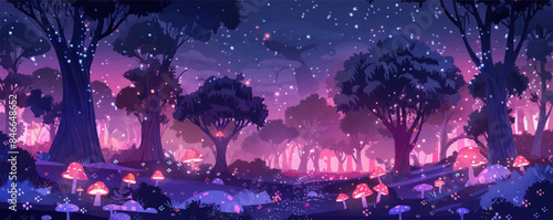 Enchanted forest with mystical creatures and sparkling dewdrops Vector flat minimalistic isolated