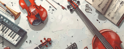 Musical instruments and sheet music on a clean white surface. Vector flat isolated illustration.