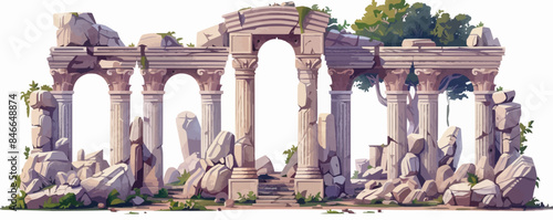 Ancient ruins with weathered stone columns and carvings Vector flat minimalistic isolated illustration