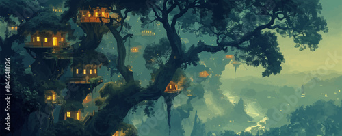 A mystical treehouse village suspended among the branches of ancient trees. Vector flat minimalistic isolated