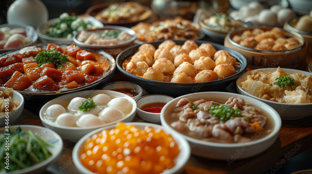 traditional street food in the market. Variety of cooked Chinese food on display for takeaway traditional street food in the market. Variety of cooked Chinese food on display for takeaway