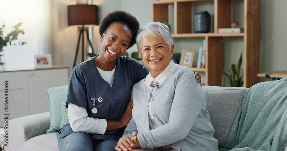 Portrait, woman and caregiver on sofa in nursing home for support, healthcare and hug on couch. Nurse, senior patient and embrace together for wellness, happy people and recovery in retirement house Portrait, woman and caregiver on sofa in nursing home for support, healthcare and hug on couch. Nurse, senior patient and embrace together for wellness, happy people and recovery in retirement house