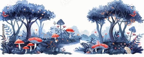 A mystical fairy ring surrounded by toadstools and woodland creatures. Vector flat minimalistic isolated