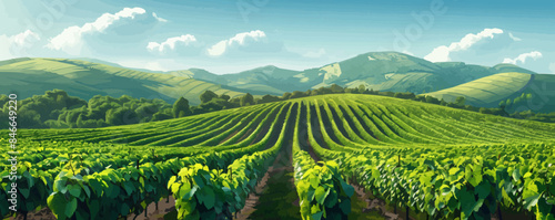 A serene countryside vineyard with rows of grapevines stretching to the horizon. Vector flat minimalistic isolated illustration.