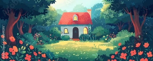 Fairytale cottage nestled in a lush forest clearing. Vector flat minimalistic isolated illustration.