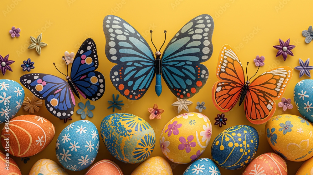 Colorful Easter eggs and butterflies on a yellow background. Colorful Easter eggs and butterflies on a yellow background.