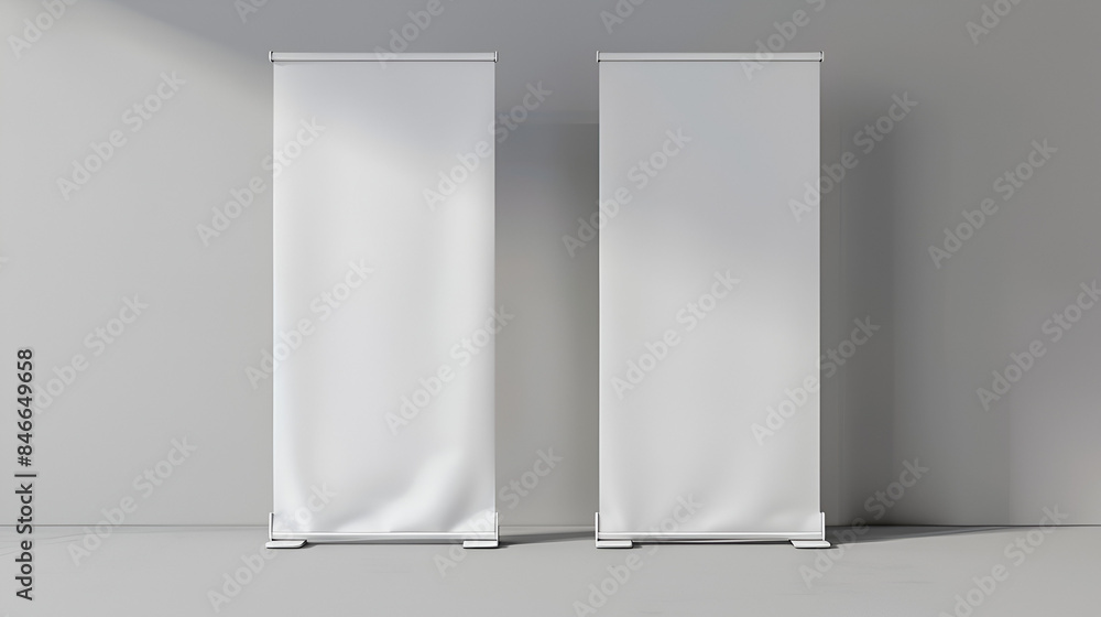 Two large white blank roll up boards, empty vertical information banner mockups Two large white blank roll up boards, empty vertical information banner mockups
