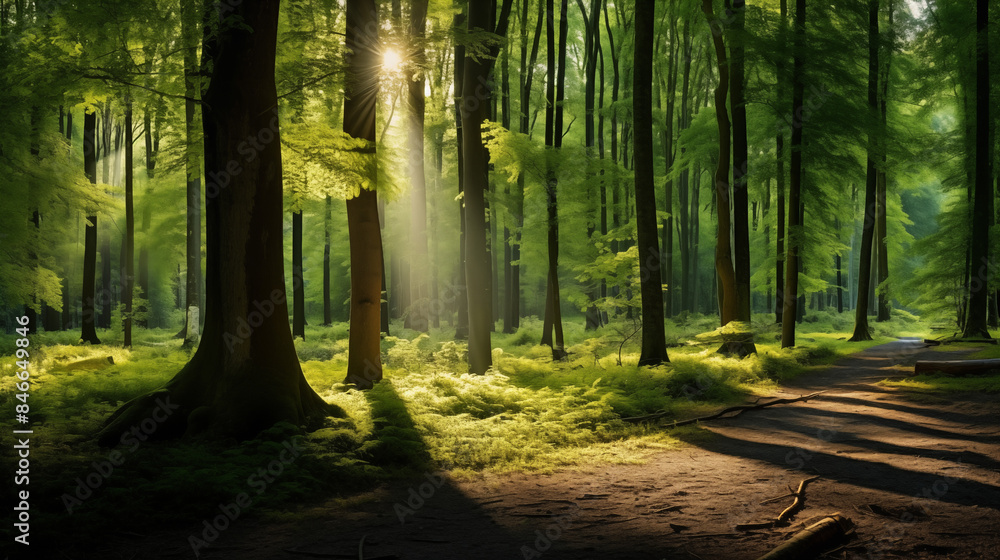 Obraz premium Sunlit Forest Path with Tall Trees and Greenery