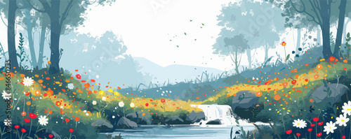 A tranquil woodland glen with a babbling brook and wildflowers. Vector flat minimalistic isolated illustration.