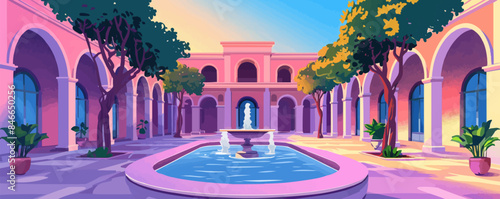 Enchanted castle courtyard with a fountain Vector flat minimalistic isolated illustration