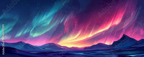 Night sky painted with the Northern Lights. Vector flat minimalistic isolated illustration.