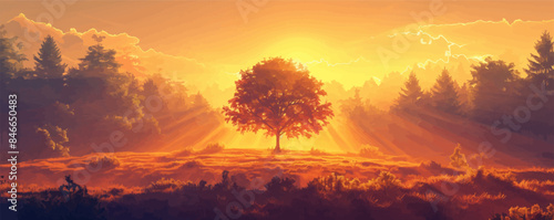 A mystical forest clearing bathed in golden sunlight with a solitary tree in the center. Vector flat minimalistic isolated illustration.