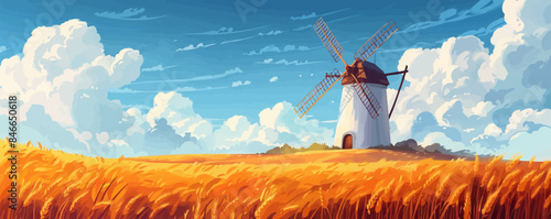 Quaint countryside windmill against a blue sky Vector flat minimalistic isolated illustration