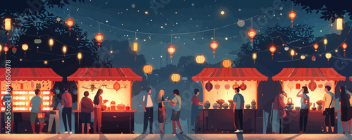 Night market bustling with vendors selling exotic goods. Vector flat minimalistic isolated illustration.