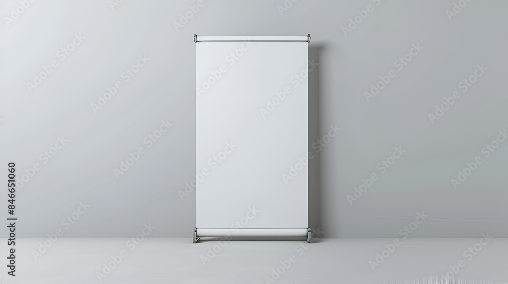 Large white blank roll up board, empty vertical information banner mockup, white blank roll up board on gray background