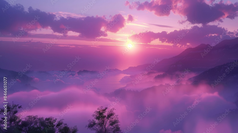 a purple sunset over a foggy misty forest valley a purple sunset over a foggy misty forest valley