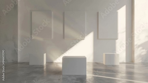 Contemporary Art Gallery Showcase with Blank Business Cards and Abstract Sculptures in Soft Focus Creative Exhibition Space Concept