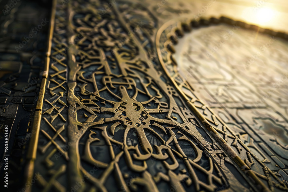 Intricate golden carvings forming an intricate pattern, bathed in warm sunlight, showcasing exquisite craftsmanship and detail. Intricate golden carvings forming an intricate pattern, bathed in warm sunlight, showcasing exquisite craftsmanship and detail.