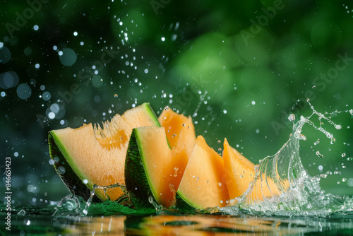 Playful water splashes as vibrant melon slices hit the surface, set against a lush green background. The scene captures freshness and vitality. © Victor Bertrand