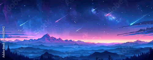 Spectacular meteor shower over a mountain range. Vector flat minimalistic isolated illustration