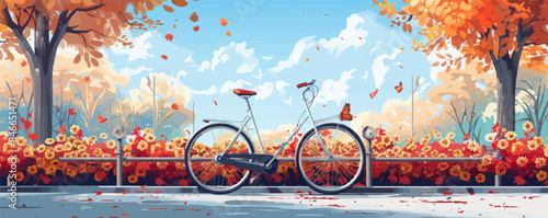 Modern bicycle parked near a flower-filled park. Vector flat minimalistic isolated illustration.