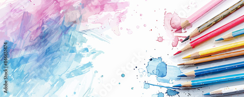 Artist's sketchbook with drawing pencils and charcoal on a clean white surface. Vector flat isolated illustration.