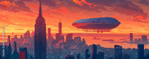 Steampunk dirigible floating above a city skyline Vector flat minimalistic isolated illustration
