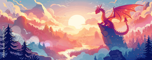 Fantasy dragon flying over a mystical landscape Vector flat minimalistic isolated illustratio