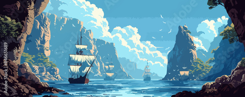 A hidden cove sheltering a fleet of weathered pirate vessels amidst rocky cliffs. Vector flat minimalistic isolated illustration.