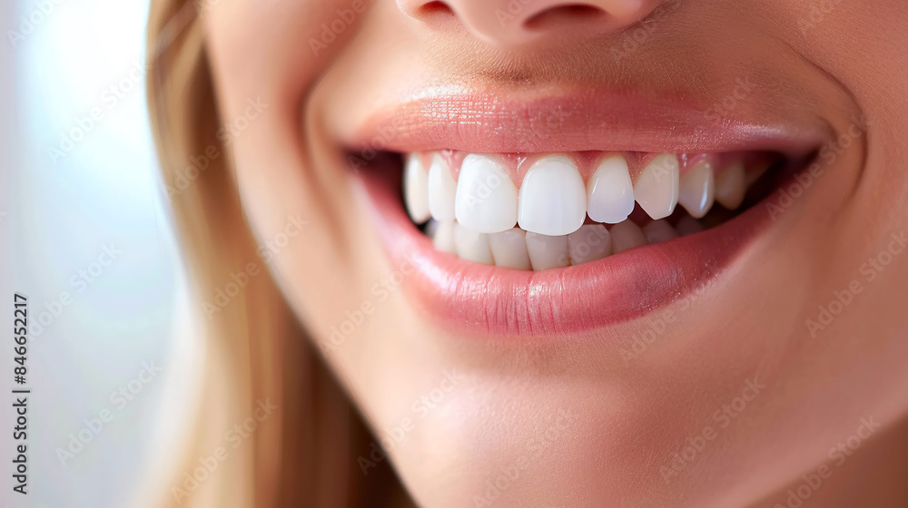 Obraz premium The girl's snow-white smile in close-up. Dental health and hygiene.
