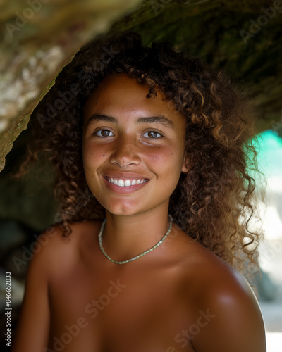 Jeune femme Homo sapiens d'Asie du sud-est portant un collier photo
