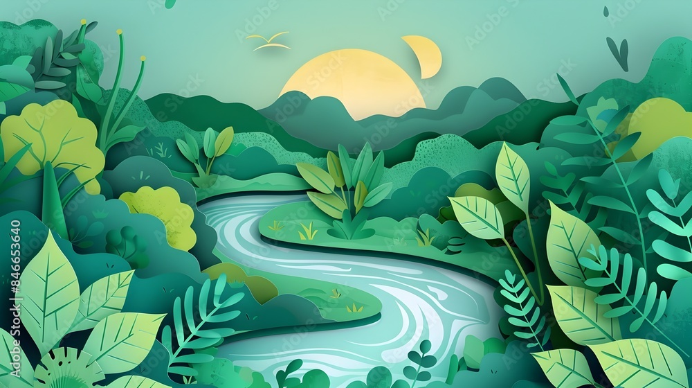 Lush Winding River Surrounded by Verdant Foliage in Tranquil Natural Landscape Lush Winding River Surrounded by Verdant Foliage in Tranquil Natural Landscape