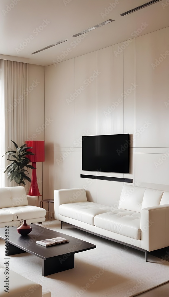 High end modern living room with white leather couch and a large flat screen tv mounted on the wall, brutalist architecture mixed with modern futuristic minimal design High end modern living room with white leather couch and a large flat screen tv mounted on the wall, brutalist architecture mixed with modern futuristic minimal design