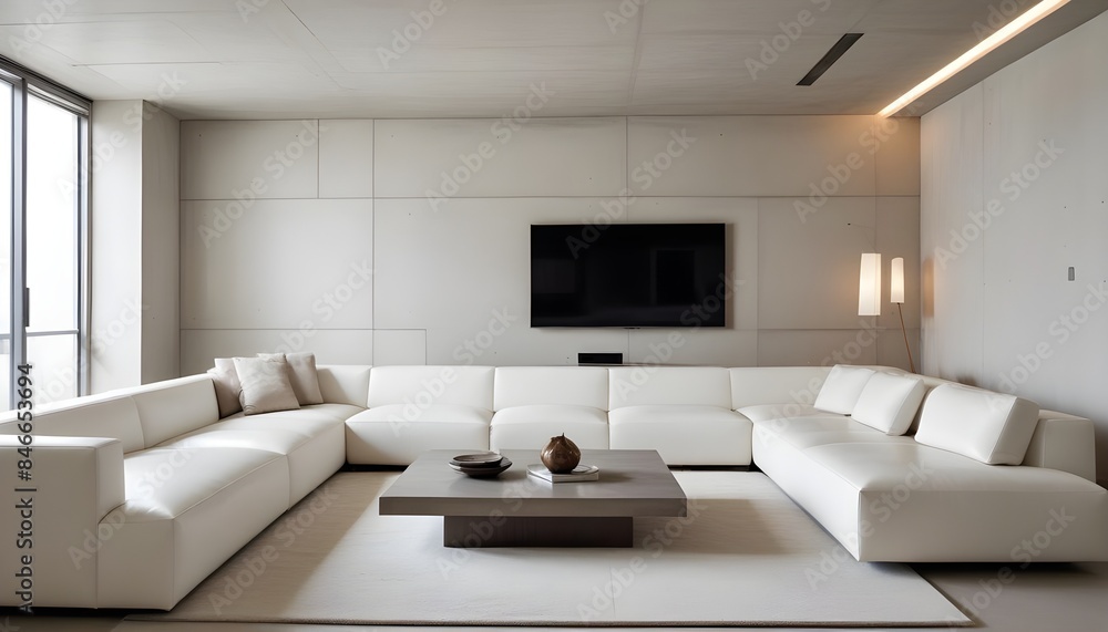 Fototapeta premium High end modern living room with white leather couch and a large flat screen tv mounted on the wall, brutalist architecture mixed with modern futuristic minimal design