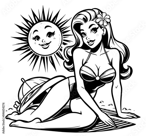 holiday tropic vibes pinup girl  beauty pin-up woman retro style black and white vector with transparent background  monochrome illustration  decorative shape sketch for laser cutting engraving print