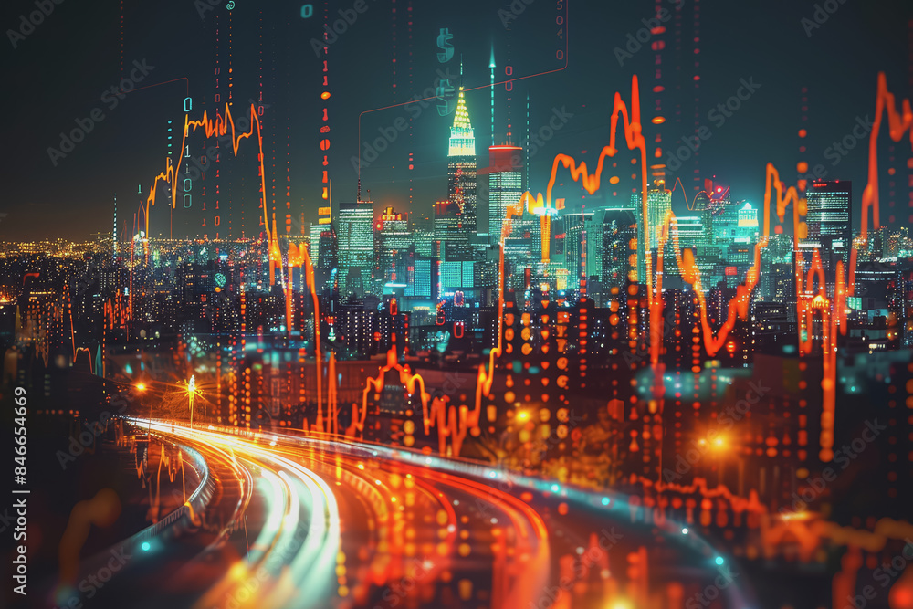 Naklejka premium Financial chart graph shining in the city with business and blurred night scene in the background.