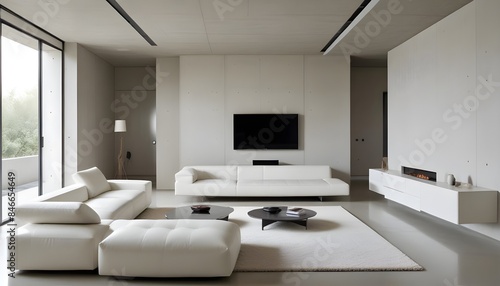 High end modern living room with white leather couch and a large flat screen tv mounted on the wall  brutalist architecture mixed with modern futuristic minimal design