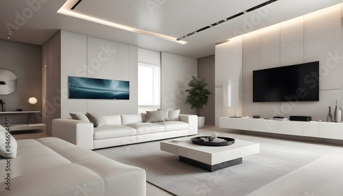 High end modern living room with white leather couch and a large flat screen tv mounted on the wall  brutalist architecture mixed with modern futuristic minimal design