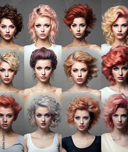 Collage wut portraits of beautiful women with various trendy hairstyles. © tynza
