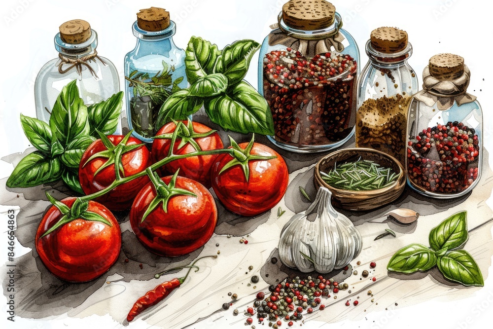 Tomatoes and seasoning on the chopping board Tomatoes and seasoning on the chopping board