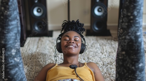 African American Woman Enjoying Music and Relaxing in Her Living Room with a Broad Smile.Generated image