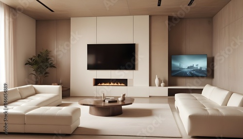 High end modern living room with white leather couch and a large flat screen tv mounted on the wall, brutalist architecture mixed with modern futuristic minimal design