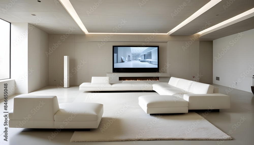 High end modern living room with white leather couch and a large flat screen tv mounted on the wall, brutalist architecture mixed with modern futuristic minimal design High end modern living room with white leather couch and a large flat screen tv mounted on the wall, brutalist architecture mixed with modern futuristic minimal design