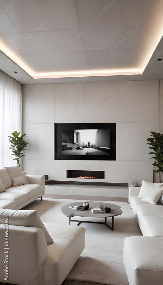 High end modern living room with white leather couch and a large flat screen tv mounted on the wall, brutalist architecture mixed with modern futuristic minimal design High end modern living room with white leather couch and a large flat screen tv mounted on the wall, brutalist architecture mixed with modern futuristic minimal design