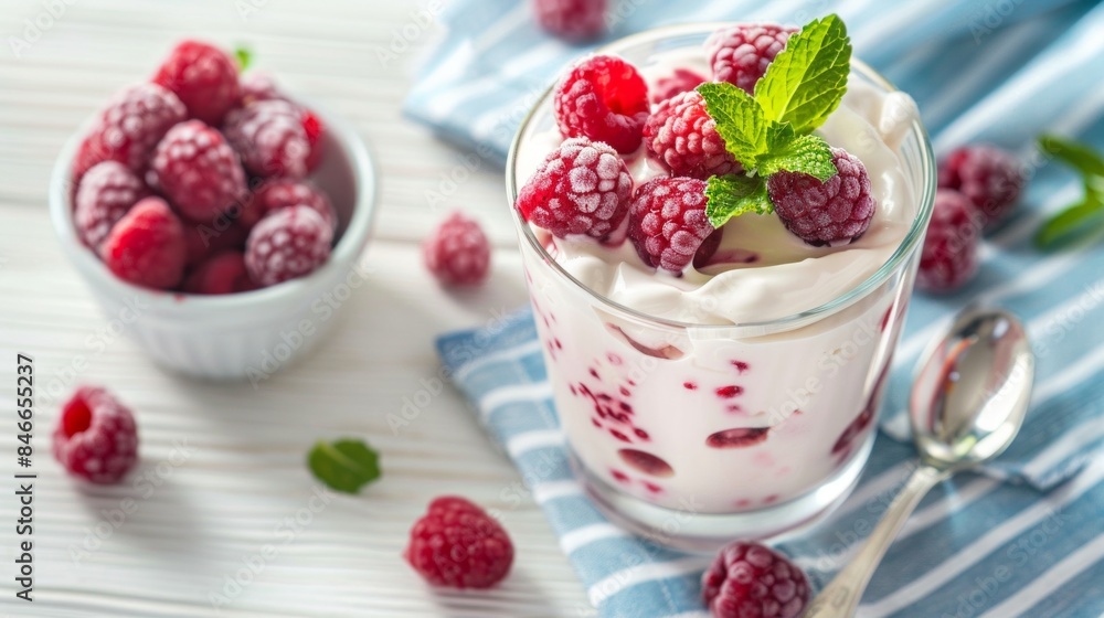 Fresh raspberry yogurt in glass with mint garnish on stripped napkin. Healthy dessert. Bright and vibrant food photography. Perfect for food blogs and summer recipes. AI Fresh raspberry yogurt in glass with mint garnish on stripped napkin. Healthy dessert. Bright and vibrant food photography. Perfect for food blogs and summer recipes. AI