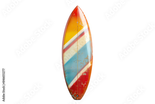 Colorful vintage surfboard with retro design featuring various diagonal stripes, isolated on white background, perfect for surfing enthusiasts.