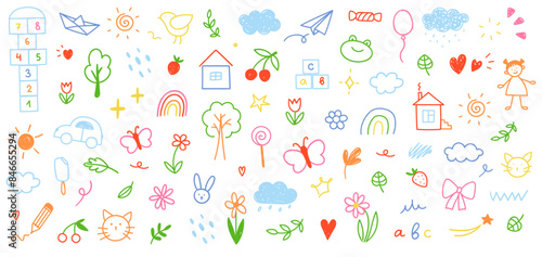 Children's drawings drawn in doodle style. Simple cute illustration isolated on white background.