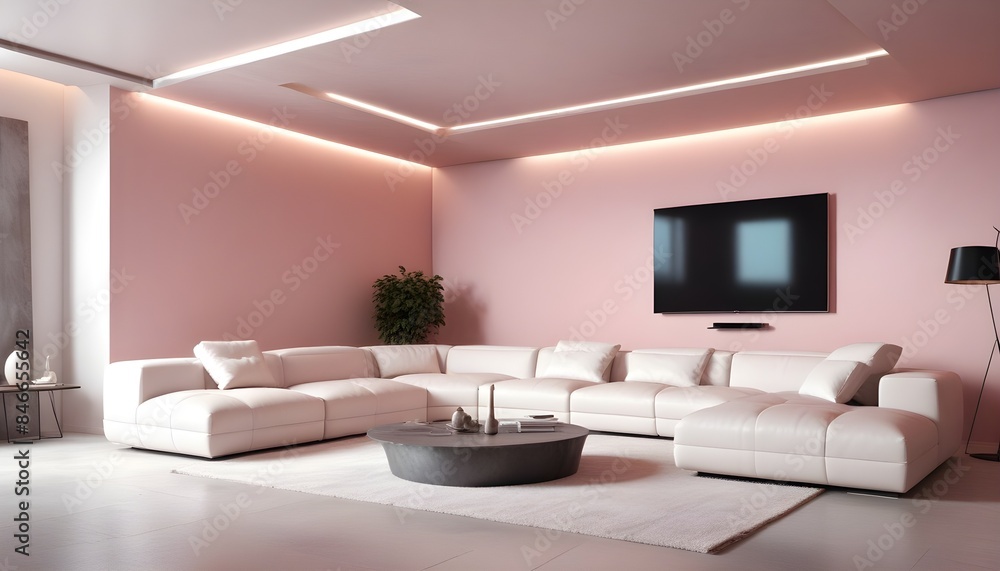 High end modern living room with white leather couch and a large flat screen tv mounted on the wall, brutalist architecture mixed with modern futuristic minimal design High end modern living room with white leather couch and a large flat screen tv mounted on the wall, brutalist architecture mixed with modern futuristic minimal design
