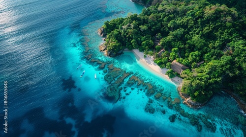 Breathtaking aerial view of a pristine tropical island paradise, revealing crystal-clear turquoise waters teeming with vibrant coral reefs, a true haven of natural beauty. © Yotsaran